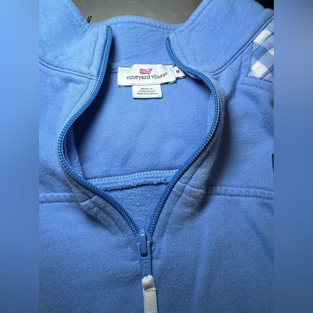 Vineyard Vines Woman’s Light Blue 1/4 Zip Sweatshirt Plaid Accent Medium Cotton - Picture 7 of 10